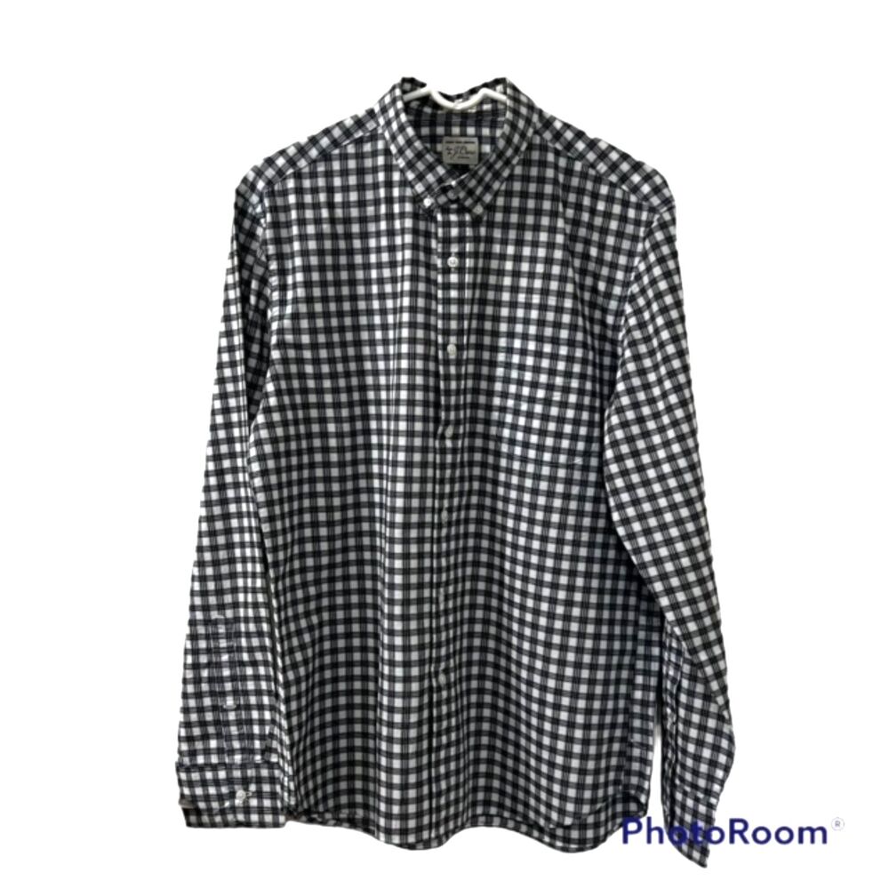 J Crew Mens Large Black White Gingham Plaid Secret Wash Slim Stretch Shirt
